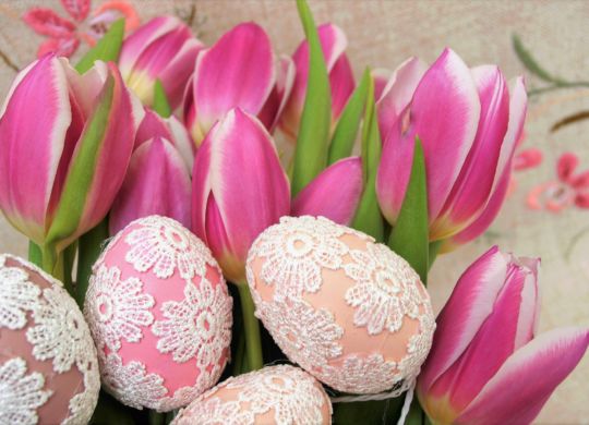 Decorative Easter Eggs and Tulips